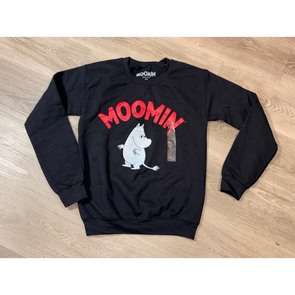 Moomin Graphic Sweatshirt Black Crewneck Fleece Pullover XS Moomintroll Red Logo